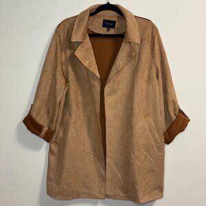 Love Tree Tan Faux Suede Open Front Jacket Pockets Rolled Sleeves Women's Large